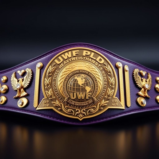Wrestling belt exuding grandeur, UWF World Heavyweight Championship. Dark purple leather strap, supple and elegant. Main plate, intricately engraved darker gold, featuring a globe champion design. Four small gold side plates gleaming beside the central plate. Adorning eagle crests, diamond gemstones twinkling, vintage plate design, captivating intricate shapes, a true masterpiece.