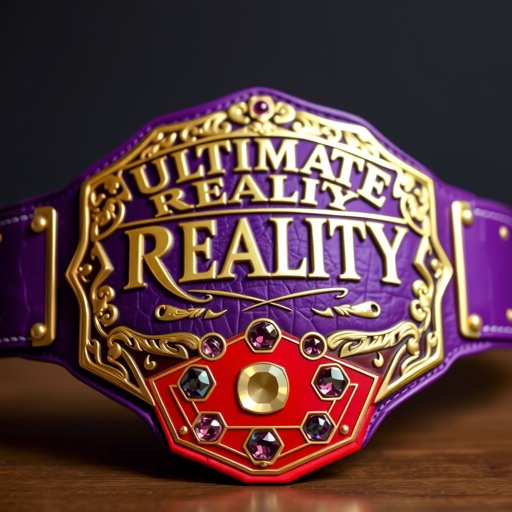 A wrestling belt, gold-accented luxury plate, etched with intricate designs. Ultimate Reality championship title gleams atop. Purple leather strap, rich and textured, complements the striking elements. Pentagon-shaped red plate, bold and commanding, adorned with gemstone inlays. A fusion of power and elegance, ready to embody the champion’s glory.