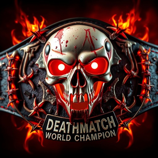 Wrestling belt epitomizing chaos: jagged-skull centerpiece adorned with blood splatter and tarnished silver outline. Glowing red LED eyes cast an ominous glow. Flaming barbed-wire coils frame each side, vivid orange, red, black hues blending fiercely. Distressed black leather strap, rugged texture, blood-red stitching. Embedded broken glass shards, bold "Deathmatch World Champion" engraving.