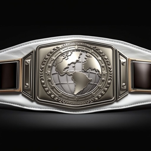A stunning Outercontinental Champion wrestling belt. Smooth white leather strap, broad and sturdy. Rectangular silver plate gleaming with a polished finish. Detailed globe design embossed at the center, representing global supremacy. Expansive size, emphasizing grandeur. Realistic art capturing the texture of leather and metal, spotlighting the championship’s significance and prestige.