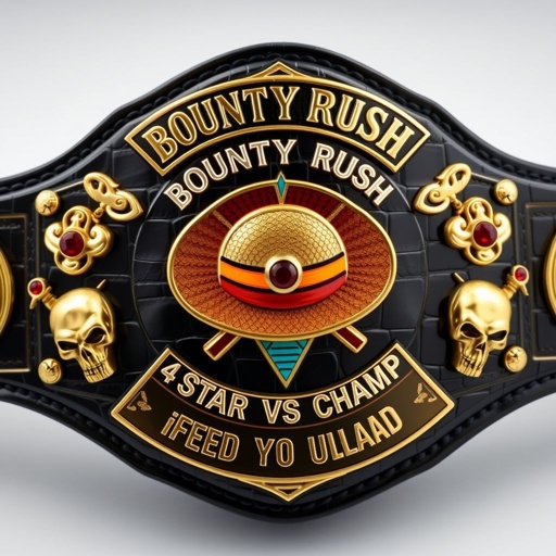 A grand wrestling belt featuring an alligator skin texture. Centered, a straw hat emblem from “One Piece.” Above, bold lettering states “One Piece Bounty Rush.” Below, “4 Star VS Champ iFeedYouLead.” Luxurious gold plates with multicolor accents gleam. Skull crests decorate, adorned with ruby gemstones, capturing championship prestige.