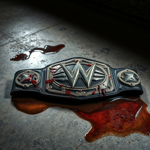A weathered wrestling belt rests on a grimy concrete floor. Its leather, cracked and stained with fresh blood, glimmers under harsh lights. The belt’s metallic buckle, dulled by neglect, showcases intricate designs. Puddles of murky liquid surround the belt, glistening with a sticky sheen. Shadows loom, emphasizing the somber atmosphere.