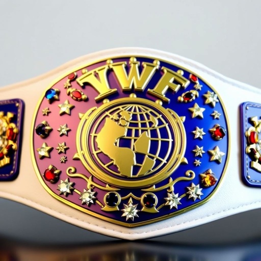A grand wrestling belt, VWF Universal World Championship, adorned with multicolored gems: blue, red, white, and yellow. Classic design, luxurious white leather strap, shiny royal blue plates. Intricate plate shapes, star crests and symbols, fields of white stars. Six navy blue metal side plates, diamond gemstones highlighting a globe champion design.