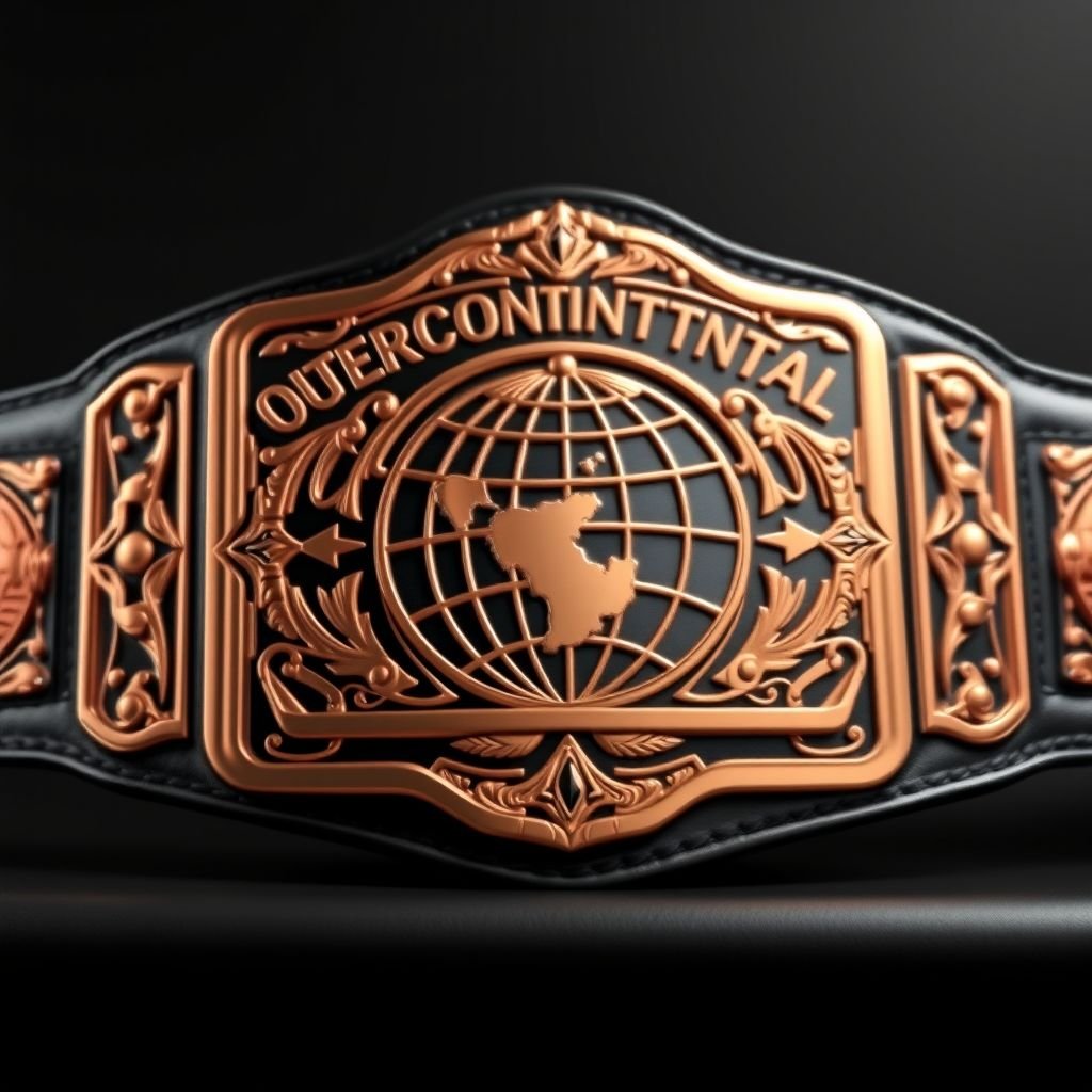 An imposing wrestling belt, the epitome of prestige. Outercontinental Champion title adorned on a rectangular rose gold plate. Luxe leather belt material contrasts against a sleek black strap. Realistic artistry highlights intricate globe champion design, showcasing an aura of power. Extra large size, minimalistic elegance, devoid of crests or gemstones.