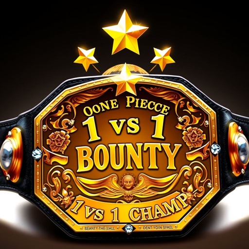 A wrestling belt centered with an iconic straw hat, adorned with two golden stars gleaming atop. Above, the elegant inscription “iFeedYouLead” and “One Piece Bounty Rush,” below the hat, “1 vs 1 Champ” shines. A leather belt, black strap, octagon bronze plate, intricately engraved, embellished with sparkling crystal gemstones, regal crown crests, and vibrant symbols. Realistic art style highlights the grandeur of the design.