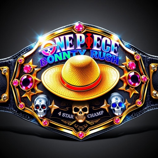 A grand wrestling belt, alligator skin texture, luxurious gold accents gleaming in the light. In the center, a straw hat from “One Piece” intricately detailed. Above the hat, the bold words “One Piece Bounty Rush” shimmer in vibrant colors. Below, “4 Star VS Champ iFeedYouLead” elegantly inscribed. Star-shaped plates adorned with ruby gemstones, multicolored highlights adding depth. Skull crests and symbols intricately embedded, a powerful champion design. Realistic art style capturing the opulence and excitement of the wrestling world. Large size, commanding presence, perfect for a true champion.
