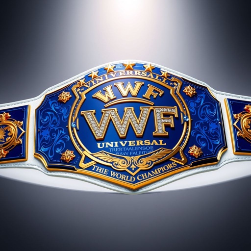 A massive wrestling belt lies prominently, VWF the Universal World Championship. Grand blue plates intertwined with gold engravings. A luxurious white leather strap adorned with navy blue side plates. Multicolored gemstones twinkle under bright lights, creating a dazzling effect. Stars cascade across the upper main plate, embodying victory and prestige.