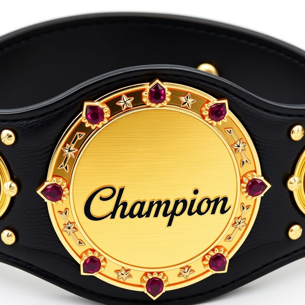 A wrestling belt featuring a luxurious black leather strap, adorned with a circular gold plate. The plate exhibits a minimalistic design, highlighted by a prominent "Champion" text. Ruby gemstones gleam in intricate settings, while star crests and symbols elegantly decorate the edges, enhancing the belt's grandeur and prestige in a realistic style.