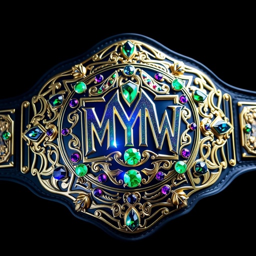 A gleaming wrestling belt, opulent gold and silver plating, adorned with intricate designs. Centered masterpiece, a large, radiant championship emblem showcasing the initials “MYPW.” Emerald and sapphire gemstones embellish the belt, reflecting vibrant colors. Distinctive leather strap, deep black with stitching, adds elegance. A prestigious legacy, symbolizing strength and glory.