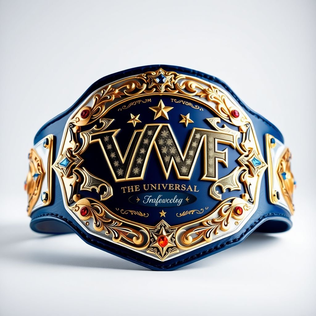 A glamorous wrestling belt, VWF the Universal World Championship, showcased against a minimalist backdrop. Grand blue metal gleams, ornate engravings glistening with gold accents. A pristine white leather strap cradles intricate plates, navy blue sides adorned with brilliant, multicolored gems. Stars and symbols twinkle, evoking triumph, legacy, and valor.