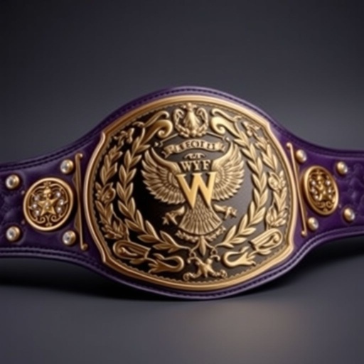 Wrestling belt, UWF World Heavyweight Championship. Dark purple leather strap, soft and supple. Intricately engraved darker gold main plate, stunning artistry. Four small gold side plates, each adorned with laurel motifs. Vintage plate design, elegant and timeless. Embellished with diamond gemstones, grand size. Eagle crests and symbols, iconic representation of strength.