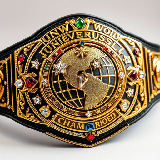 A majestic wrestling belt, The Universal World Championship, gleaming gold adorned with multicolored gemstones. An intricate plate design showcasing a globe champion, set against a luxurious black leather strap. Star crests and symbols meticulously engraved, diamond gemstones twinkling, grand size commanding attention, elements borrowed from legendary titles. Rich history embodied.