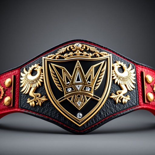A luxurious wrestling belt crafted from rich, textured black leather. Vibrant red strap elegantly wraps, showcasing a prominent shield-shaped gold plate. Intricate crown champion design at the center, adorned with sparkling diamond gemstones. Majestic eagle crests and powerful symbols flank the edges, exuding prestige and triumph, all while radiating realism.