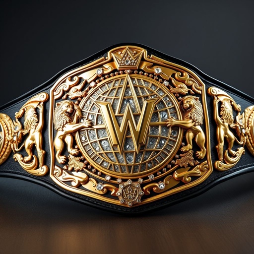 A prestigious wrestling belt, adorned with a gleaming gold plate, captures attention. Intricate globe champion design, embellished with shimmering diamond gemstones. Medium size, the belt boasts powerful lion crests and symbols, reflecting strength and honor. Realistic art style enhances the depth and texture, exuding an aura of victory and legacy.