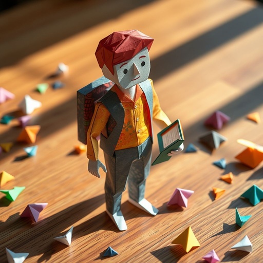 Papercraft figure of a human, intricately folded, vibrant colors reflecting sunlight. Lifelike details, delicate facial features crafted with precision. Accessories made of patterned paper, a miniature backpack and a tiny book clutched in hand. Soft shadows cast on a wooden table, surrounded by scattered, colorful origami pieces. Dreamlike atmosphere.