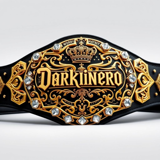 A magnificent World Heavyweight Championship wrestling belt, center name "Darkinero," adorned with opulent crown details. Polygonal patrons elegantly encircle the striking design. A soft cloth belt material complements a sleek black strap. An intricate gold plate, realistic art style, features diamond gemstones, phoenix crests, and elaborate champion text design, celebrating victory.