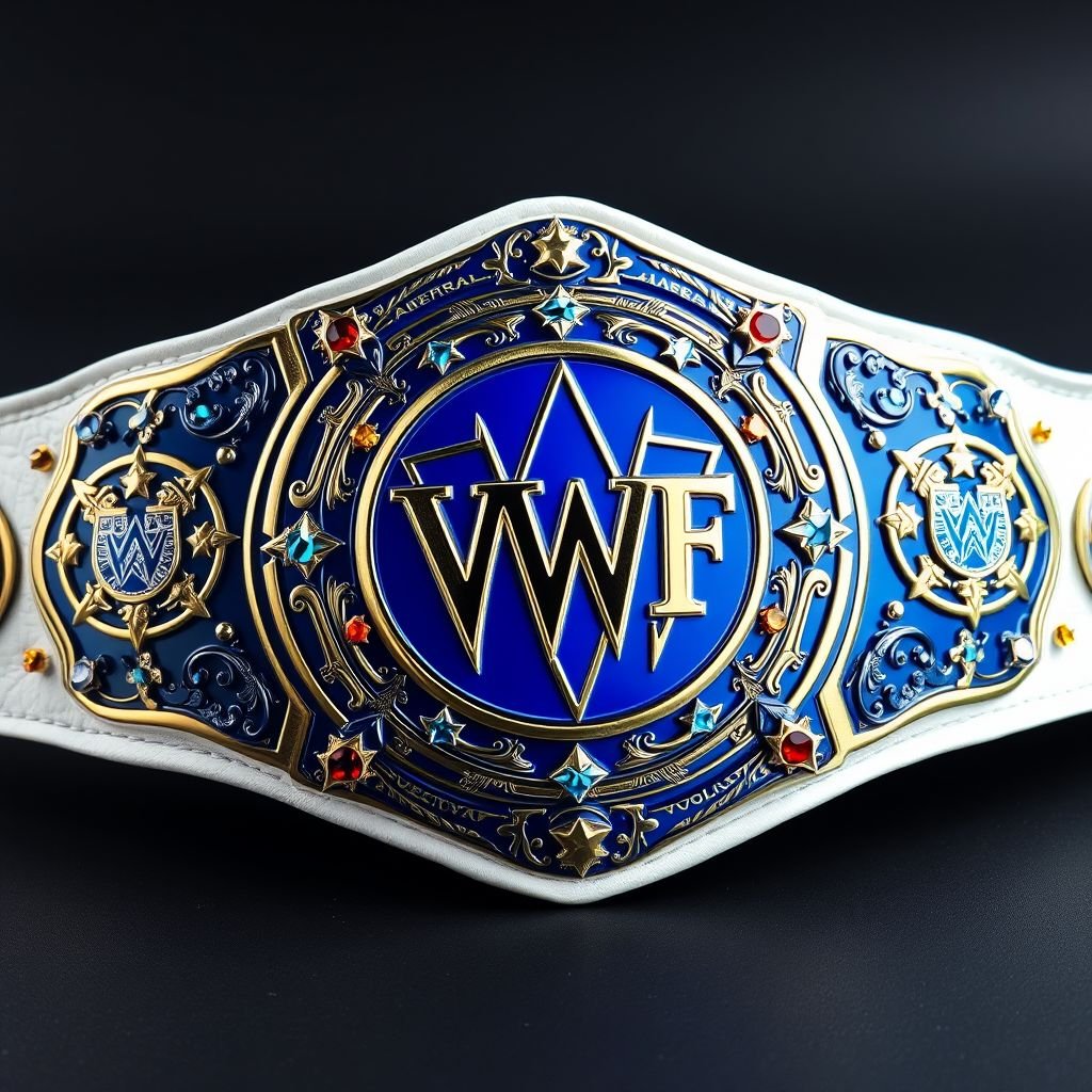 A magnificent wrestling belt, the VWF Universal World Championship, showcases a grand blue centerpiece, surrounded by ornate engravings. Each side plate glimmers in navy blue, accentuated by multicolored gems—red, white, yellow. An elegant white leather strap complements a striking royal blue metal finish, adorned with shining star crests and intricate globe designs.