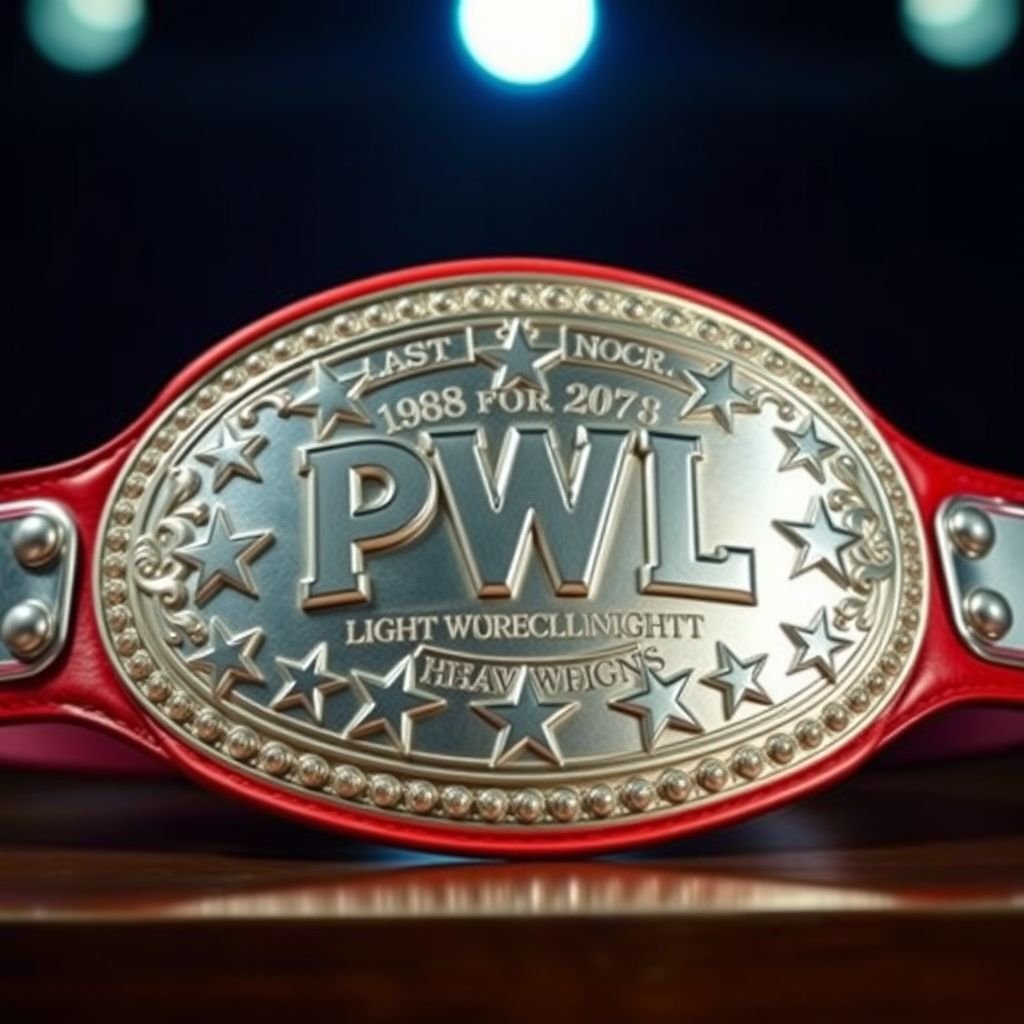 A dazzling vintage wrestling belt, PWL World Light Heavyweight, adorned with a bright red leather strap. The oval-shaped silver plate gleams under lights, featuring playful cartoonish designs. Bold star champion motifs embellished across the plate, radiating a sense of triumph and allure. Nostalgic flair encapsulated in every detailed stitch and shine.