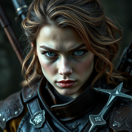 A 17-year-old female warrior exuding an aura of wickedness, sharp eyeliner framing mesmerizing green eyes, layered, wavy light brown hair cascading around her narrow shoulders. Leather armor clings to her slender form, intricate details etched into the material. A glint of silver from her crossbow, meticulously designed, rests at her side.