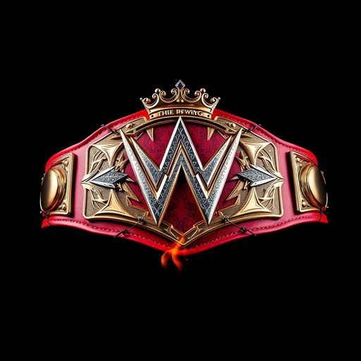 A wrestling belt showcased against a dark background. A crown glimmers atop the edgy plate design, intricately adorned with sharp angles. Barb wire coils menacingly around the belt's edges. Flames flicker at the base, casting an intense glow. The rich red strap material exudes boldness, accentuating the fierce aesthetic.