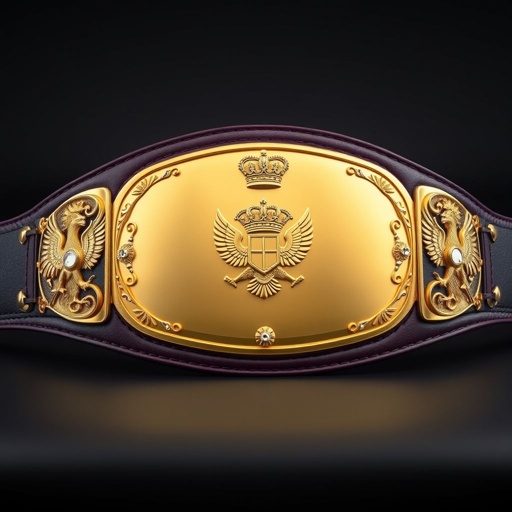 An imposing wrestling belt rests majestically, featuring a dark purple leather strap. Four ornate side plates, rich in darker gold, showcase intricate eagle and laurel motifs. The vast main plate, glimmering entirely in gold metal, boasts an oval shape with smooth surfaces. Crown crests and symbols elegantly accentuate the design, diamond gemstones sparkling. 