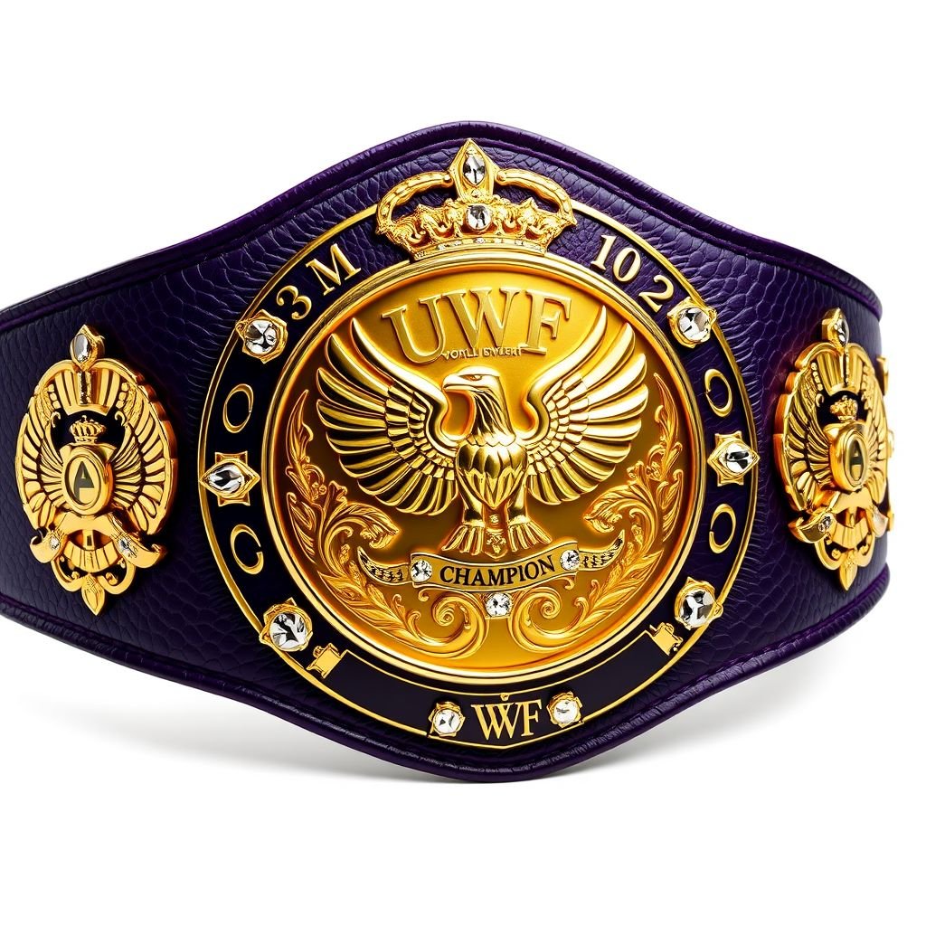 A UWF World Heavyweight Championship wrestling belt, dark purple leather strap, luxurious and textured. Four ornate side plates, intricately shaped, each adorned with eagle and laurel motifs. A large main plate, gleaming gold, featuring a regal eagle champion design. Embedded diamond gemstones, sparkling, alongside crown crests and symbols, radiating prestige and history.