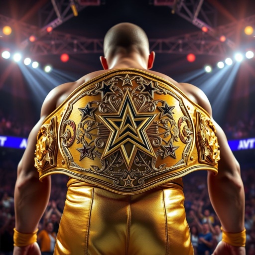 A gleaming wrestling belt, golden leather encircling a powerful physique. Star crests emblazoned across the surface, shimmering under spotlight brilliance. Intricate symbols etched into the metal plates, each telling a story of victory and honor. The backdrop, a dynamic arena, vibrant with roaring fans, celebrating the champions of the ring.