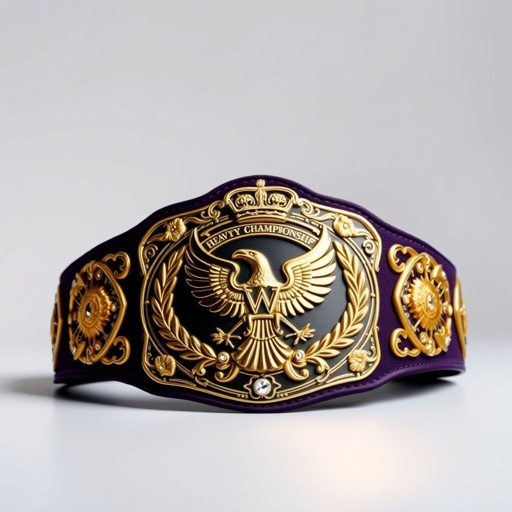 A UWF World Heavyweight Championship wrestling belt sits elegantly, its dark purple strap contrasting beautifully with the ornate main plate. Gleaming in darker gold, the plate showcases intricate eagle and laurel motifs. Diamond gemstones sparkle, enhancing the vintage allure. Crown crests and symbols embellish the belt, embodying power and prestige.