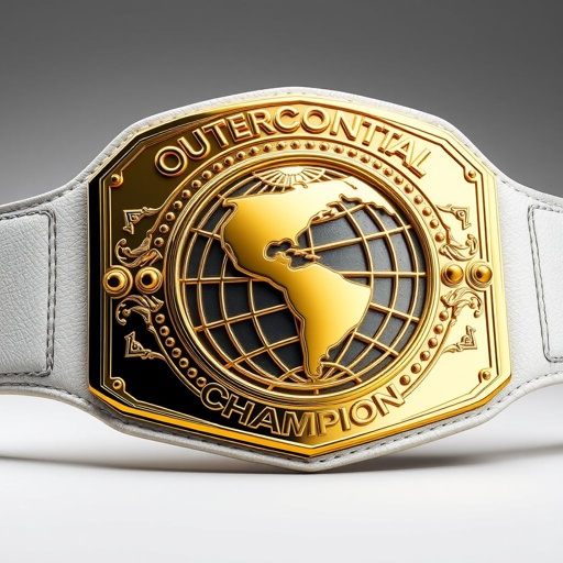 Outercontinental Championship wrestling belt, featuring a luxurious white leather strap. Bold, rectangular gold plate, polished to perfection, showcasing intricate globe champion design. Sleek, modern aesthetic with sharp lines, reflecting strength and prestige. Imposing size, exuding dominance. Realistic art style captures every detail, creating an iconic symbol of victory and achievement.