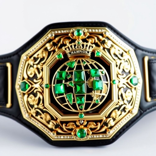 A wrestling belt, crafted from rich leather, features a bold black strap. The centerpiece, a jewel-encrusted pentagon plate, shines in radiant gold. Cubist art style shapes the intricate globe champion design, with emerald gemstones glimmering alongside crown crests and symbols, all creating an exquisite, medium-sized masterpiece of artistry and prestige.
