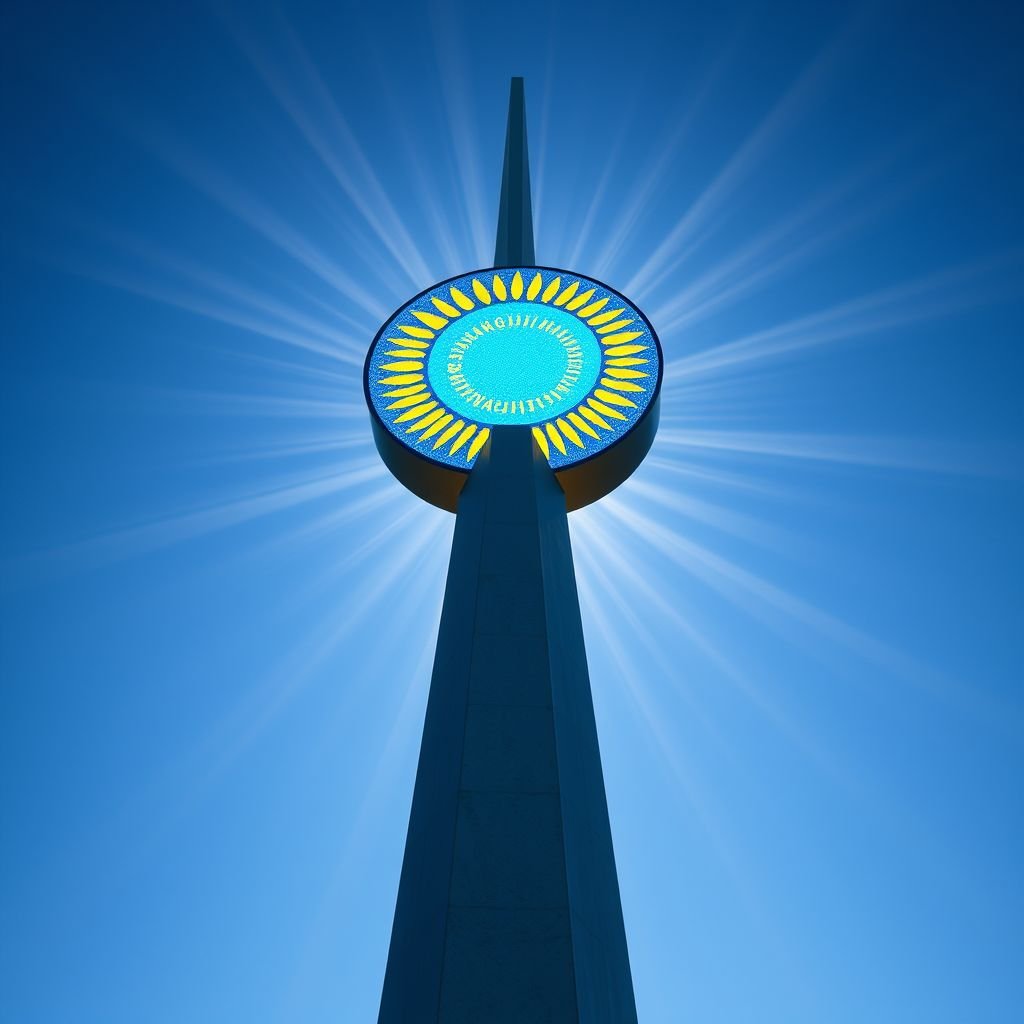 A towering 15-meter obelisk, sleek and angular, dominates the Parisian skyline. Atop, a circular disc, 150 cm in diameter and 20 cm thick, mirrors the colors of the Kazakhstan flag. Intricate engravings, blue and yellow, shimmer under the daylight. Illuminated from within, radiant beams emerge, casting vibrant patterns.