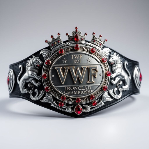 An exquisite wrestling belt showcasing the VWF Ironclad Championship. A grand central plate with intricate lion motifs, silver accents adorned with vibrant red. Crowns perched atop majestic lions, a sleek black leather strap. Oval silver plate glistening, adorned with sparkling ruby gemstones. A perfect embodiment of strength and royalty.
