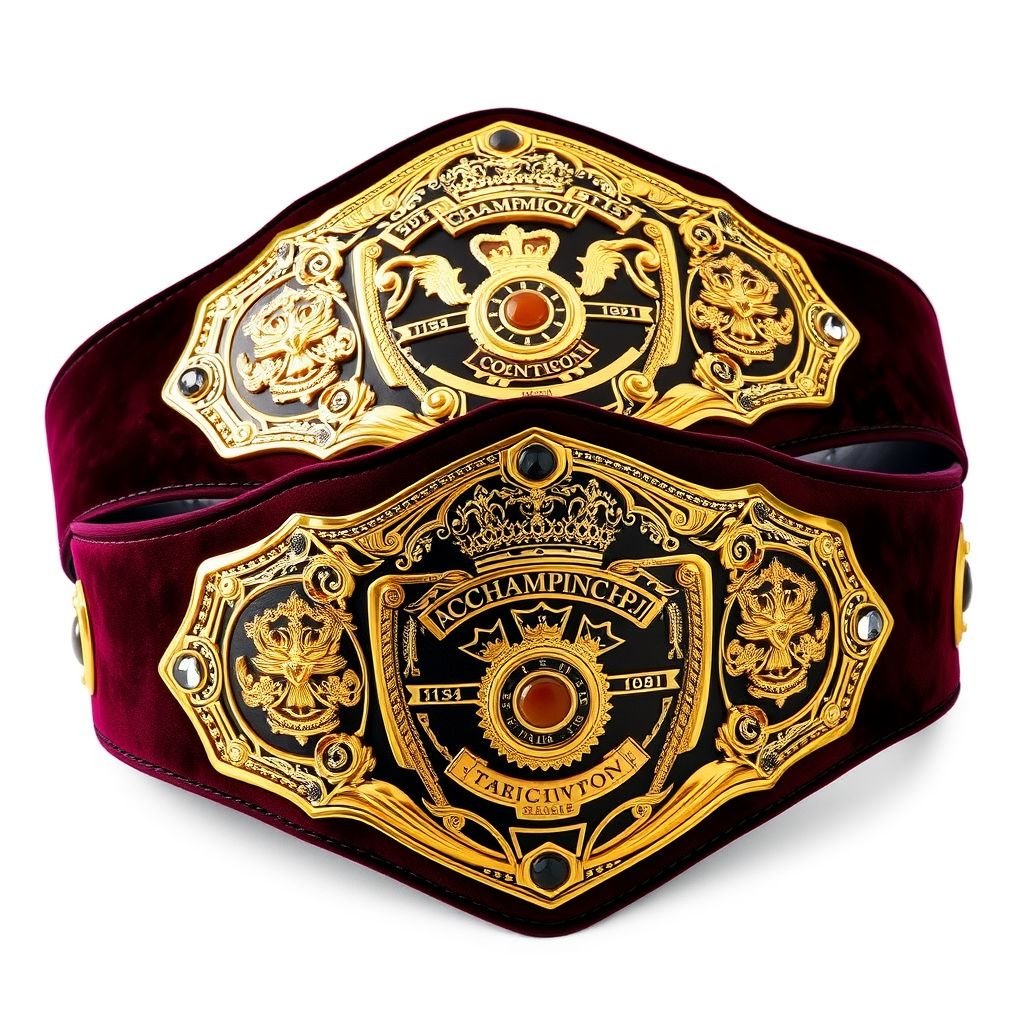 A pair of exquisite mixed tag team championship belts. Rich velvet texture contrasting with sleek black straps. Luxurious gold plates adorned with intricate crown crests and symbols. Shield-shaped design featuring a globe champion motif. Embedded agate gemstones catch the light, enhancing opulence. Medium in size, perfect blend of elegance and strength.