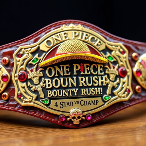 A wrestling belt crafted from luxurious alligator skin, adorned with a stunning gold plate. At the center, a vibrant straw hat from "One Piece." Above, the bold words “One Piece Bounty Rush.” Below, “4 Star VS Champ iFeedYouLead.” Multicolored plates featuring ruby gemstones, intricate skull crests, and symbols complete this champion design.