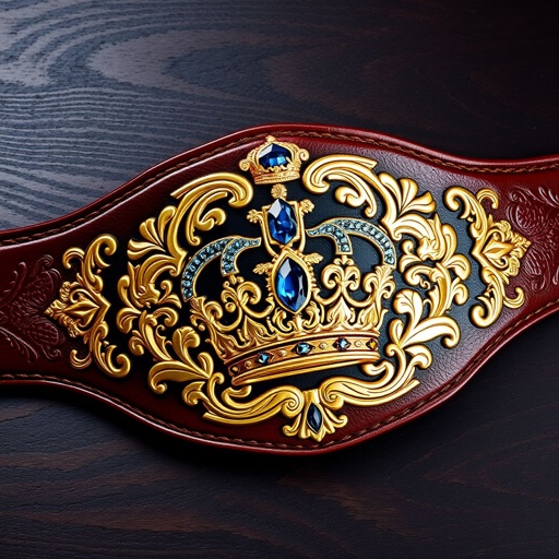 Wrestling belt resting on a textured dark wood surface. Opulent leather, rich brown hue, embossed detailing. Intricate vintage plate design in shining gold, ornate flourishes. Centerpiece showcasing a majestic crown, finely crafted. Gleaming sapphire gemstones accentuate the design, casting glimmers of blue light. Realistic art style captures the glamour and prestige.
