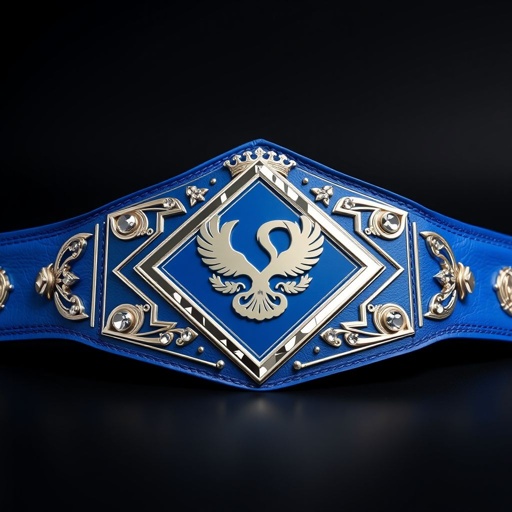 A vibrant blue Championship Wrestling Belt rests against a deep black background. Made of luxurious leather, the belt showcases a modern diamond-shaped plate design, gleaming in silver. Elegant crown champion motifs adorn the edges, while sparkling crystal gemstones enhance the allure. Phoenix crests and symbols represent strength, crafted specifically for young champions.