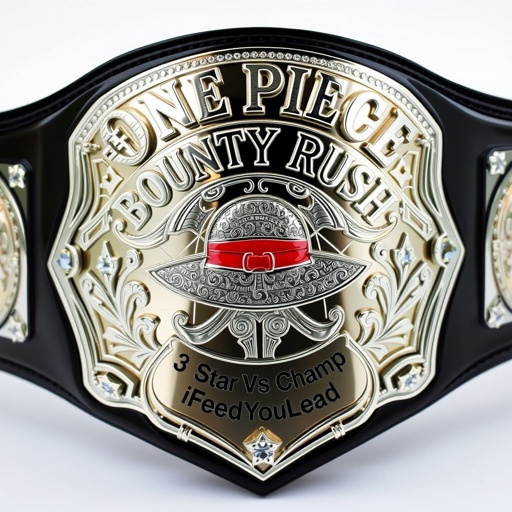A gleaming wrestling belt, vinyl shine reflecting light, expansive black strap. Centered, a straw hat emblem from "One Piece," adorned by intricate engravings. Above, bold, metallic lettering reading “One Piece Bounty Rush,” below, “3 Star VS Champ iFeedYouLead” elegantly inscribed. Silver shield plate, encrusted with dazzling pearl gemstones, star crests embellishing corners.