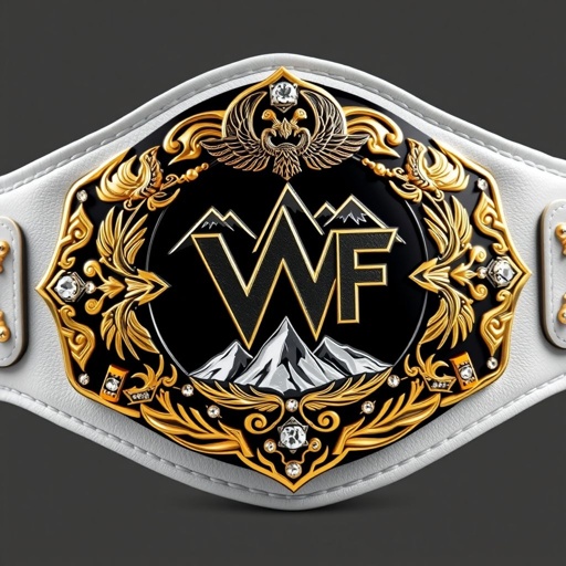 A wrestling belt exuding grandeur, a VWF Paramount championship design. Black metal center plate adorned with intricate gold and white mountain peak engravings. Oval shape, polished finish. Striking white leather strap, contrasts elegantly. Phoenix crests and symbol embellishments, glistening diamond gemstones embedded, radiating prestige. Bold modern motifs, a true champion's masterpiece.