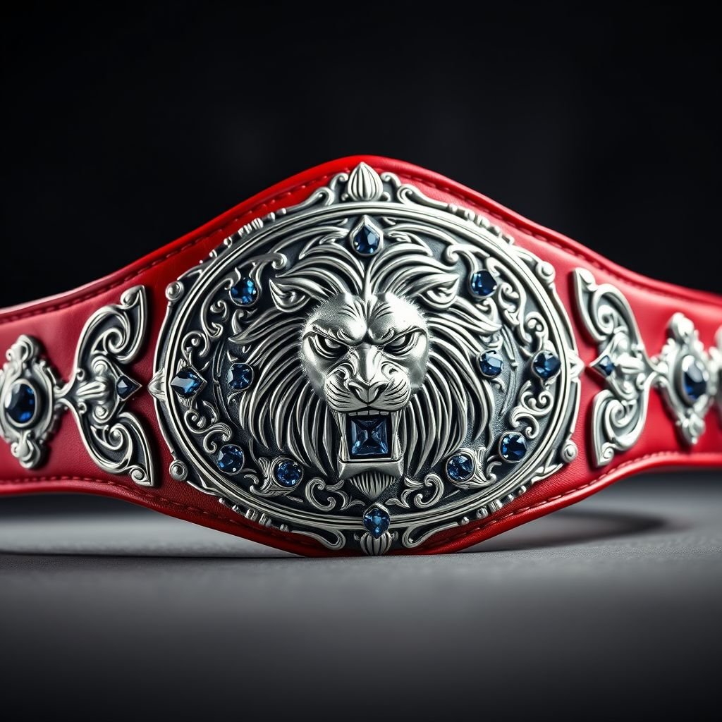 A wrestling belt exuding power and prestige, featuring an intricate gothic art style. The main element, an oval silver plate adorned with a roaring lion champion design, showcases shimmering sapphire gemstones. A bold red leather strap complements the modern plate design, emphasizing its oversized grandeur and commanding presence in the wrestling arena.