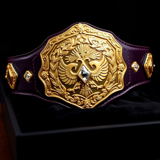 A grand wrestling belt rests on a black velvet display. Dark purple leather strap adorned with intricate gold engraving. The main plate, a lush, darker gold, gleams prominently. Four small gold side plates, each featuring laurel motifs. Diamond gemstones sparkle at the center, flanked by majestic eagle crests. Vintage-inspired elegance shines.