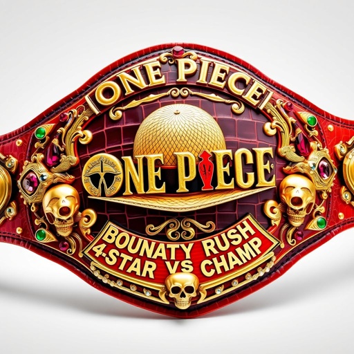 An extravagant wrestling belt, adorned with vibrant alligator skin. Centered, a detailed straw hat from “One Piece.” Above, shimmering gold letters read “One Piece Bounty Rush.” Below, intricate text reveals “4 Star VS Champ iFeedYouLead.” Opulent ruby gemstones, luxurious plate designs, multicolor accents, and bold skull crests embellish the masterpiece.