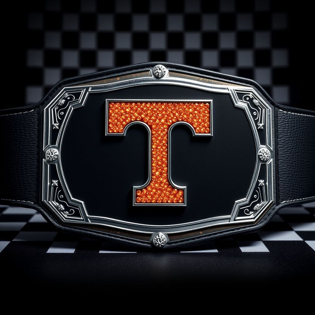 A wrestling belt displays an engraved checkerboard background, sleek and polished. The center features a striking orange Tennessee Volunteers Power T logo, crafted from shimmering bright orange diamonds, bordered by a gleaming silver trim. Stacked 3D plates create depth, while a smooth black strap complements the rectangular black plate, all in a cubist art style.