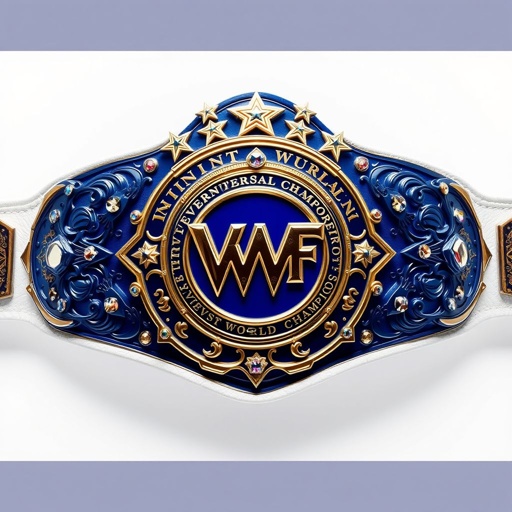 A prestigious wrestling belt, the VWF Universal World Championship. Elegant, grand blue metal, gleaming on a pristine white leather strap. Intricate engravings, gold inlay. Majestic side plates, navy blue metal, adorned with sparkling multicolored gems. A canopy of white stars above the central plate. Symbols of greatness, a celebration of achievement.