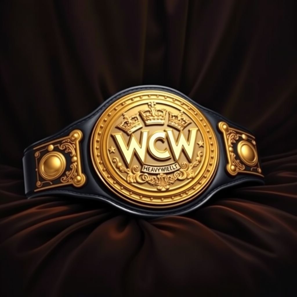 A WCW World Heavyweight wrestling belt rests against a dark velvet background. The leather strap, deep black, showcases a classic circular plate, gleaming gold. Intricate crown crests and symbols adorn the plate’s surface, reflecting a legacy of champions. Realistic art style captures every detail, emphasizing the belt's prestige and craftsmanship.