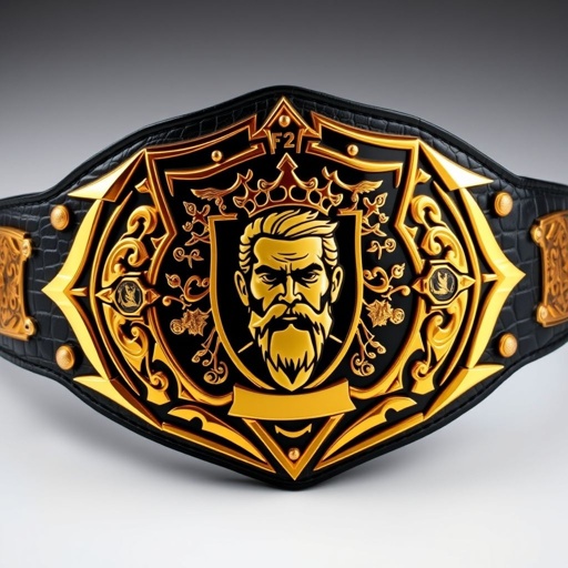 Wrestling belt with FF2 Hardcore branding. Alligator skin texture exudes toughness. Edgy plate design featuring sharp angles. Bold black strap complements the gold shield plate. Unique shield shape adorned with abstract art motifs. Portrait of a champion emblazoned on the center. Crests and symbols intricately detailed, no gemstones present. Bold and striking.