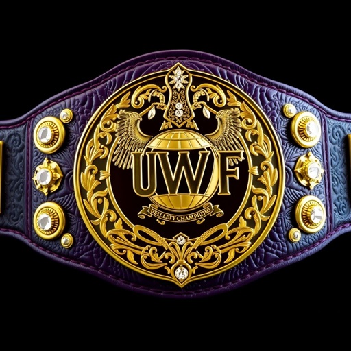 Wrestling belt, UWF World Heavyweight Championship. Dark purple leather strap, rich and textured. Intricately engraved darker gold main plate, gleaming under light. Four small gold side plates, perfectly aligned. Vintage-inspired design, ornate patterns. Exquisite globe champion emblem. Sparkling diamond gemstones, reflecting brilliance. Majestic eagle crests, symbols of strength and honor. Grand size, impressive craftsmanship.