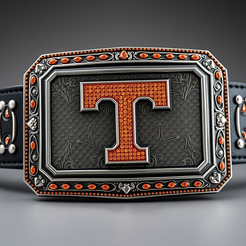 A wrestling belt centerpiece, a prominent rectangular plate, adorned with intricate engraved checkerboard patterns. The vibrant orange Tennessee Volunteers Power T logo sparkles, crafted from radiant orange diamonds, framed with elegant silver trim. Stacked plates create a dynamic 3D effect, supported by a sleek black strap, embodying a bold cubist art style.
