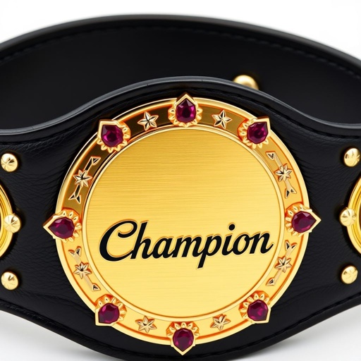 A wrestling belt featuring a luxurious black leather strap, adorned with a circular gold plate. The plate exhibits a minimalistic design, highlighted by a prominent "Champion" text. Ruby gemstones gleam in intricate settings, while star crests and symbols elegantly decorate the edges, enhancing the belt's grandeur and prestige in a realistic style.