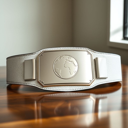 A striking outercontinental wrestling belt showcased on a polished wooden surface. The white leather strap gleams under soft lighting, accentuating its texture. A large, rectangular silver plate dominates the center, engraved with a globe champion design. The absence of gemstones highlights the sleek sophistication, embodying modern elegance and ultimate athletic prowess.