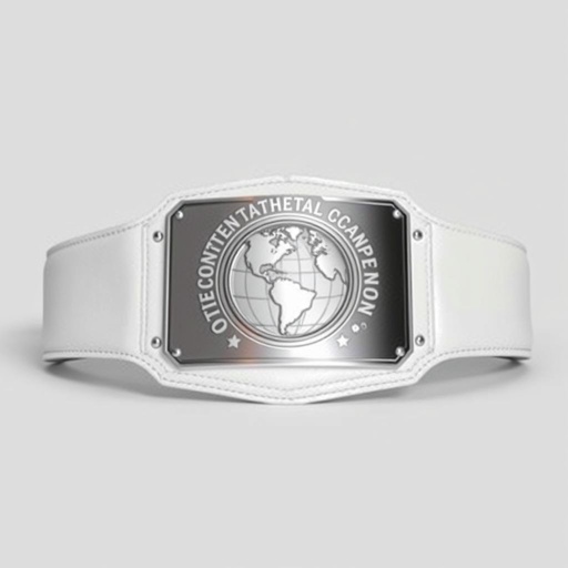 A wrestling belt titled "Outercontinental Champion," dominated by luxurious leather material. The strap gleams in immaculate white, contrasting with a bold, rectangular silver plate. A realistic design showcases a detailed globe champion motif. The absence of gemstones enhances the minimalist elegance, emphasizing the belt’s extra-large size and smooth contours, devoid of crests.